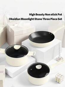 Velosan Moonstone 3pcs Non-stick Cookware Set, Including Soup Pot, Milk Pan, Frying Pan, Suitable For Electric Stove And Gas Stove - Beige - View 2