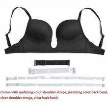 Sujetador push-up con escote en U profundo y corte bajo para mujer, con espalda transparente y correas de hombro invisibles multidireccionales, adecuado para mujeres de pecho pequeño - Negro - Ver 7