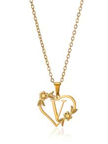 1pc Fashionable Stainless Steel Alphabet & Heart & Flower Design Necklace, Suitable For Women's Parties And Festivals, Jewelry Gift Valentines,Mom,Mother,Mother's Day,Gift