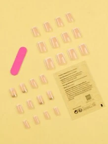 24片短方形法式白邊和裸色極簡美甲貼紙,適用於日常穿著、可重複使用的美甲套裝 - 彩色 - 查看 2