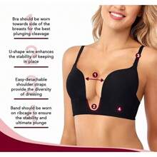 Sujetador push-up con escote en U profundo y corte bajo para mujer, con espalda transparente y correas de hombro invisibles multidireccionales, adecuado para mujeres de pecho pequeño - Negro - Ver 2