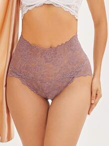 女性全蕾絲純色高腰簡約性感三角褲，舒適女性內衣 - 卡其色 - 查看 7