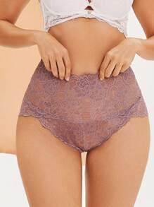 女性全蕾絲純色高腰簡約性感三角褲，舒適女性內衣 - 卡其色 - 查看 3
