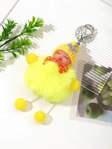 1pc Yellow Hat & Fluffy Ball Doll Decor Keychain - Yellow - View 3