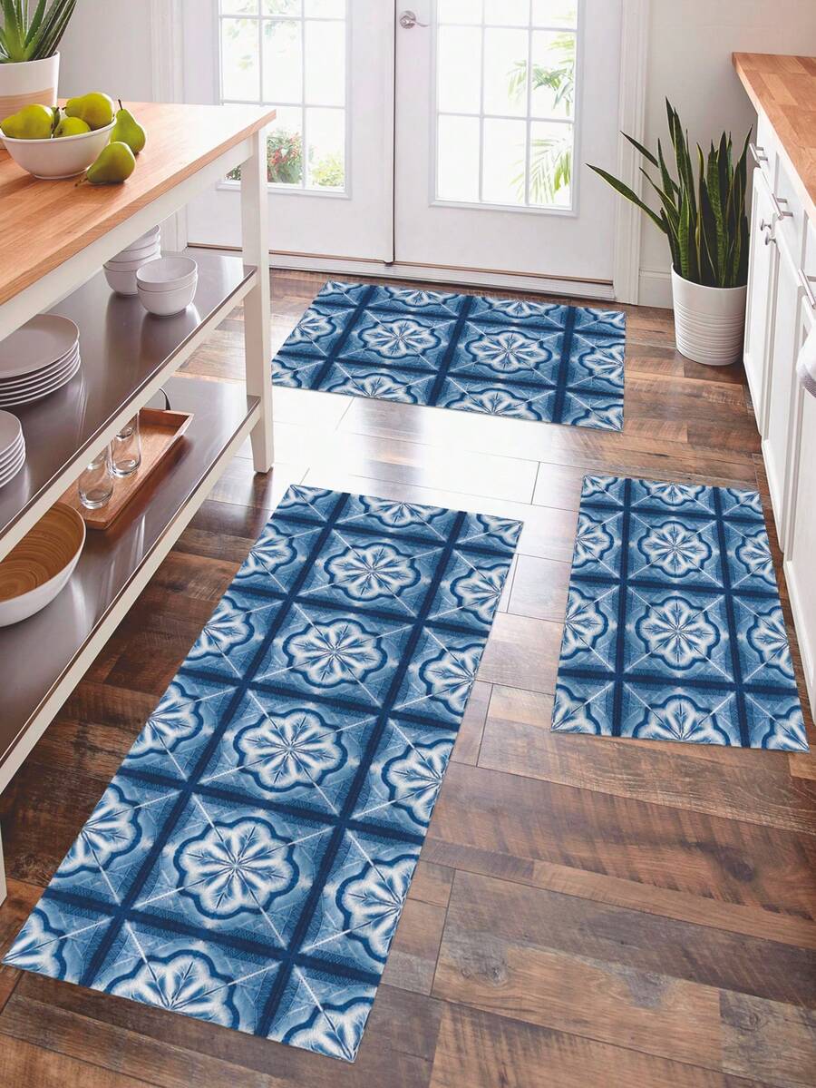 1 Miếng Hoa Ngói Vá lại In Đệm Nhà bếp , Phong cách hiện đại Polyester Chất xơ Hình chữ nhật Thảm cửa Thích hợp Đối với Nhà  Phòng bếp - Màu xanh lam - Xem 1