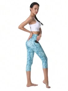 女式瑜珈褲高腰4向彈力口袋運動跑步健身緊身褲 - 淺藍色 - 查看 6