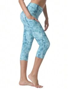 女式瑜珈褲高腰4向彈力口袋運動跑步健身緊身褲 - 淺藍色 - 查看 2