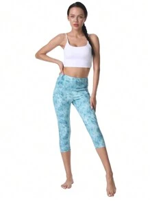 女式瑜珈褲高腰4向彈力口袋運動跑步健身緊身褲 - 淺藍色 - 查看 7