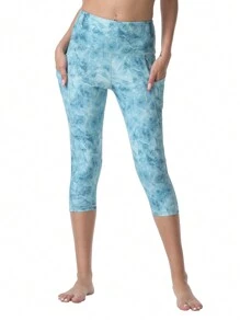 女式瑜珈褲高腰4向彈力口袋運動跑步健身緊身褲 - 淺藍色 - 查看 1