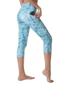 女式瑜珈褲高腰4向彈力口袋運動跑步健身緊身褲 - 淺藍色 - 查看 4