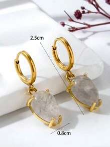 1 đôi Thanh tú & Sang trọng Thép không gỉ Nhẫn Dangle Hoa tai Với Đồng & Khối Zirconia  & Giọt nước mắt Đá tự nhiên - Vàng - Xem 7