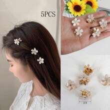 5入組水果色橙黃色劉海、辮子夾和頭飾,適用於側分區的女孩,多彩的水晶和小花裝飾