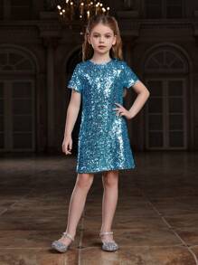 Tween Girl Sequin Short Sleeve Round Neck Dress - Blue - View 3