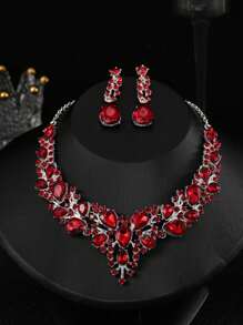 2 Piezas / Set Conjunto De Collar Y Aretes De Cristal Con Incrustaciones De Pedrería De Aleación Para Mujeres, Accesorios De Vestido De Novia De Noche Exagerados Para Bodas Y Fiestas