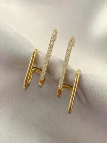 1pair Fashionable Double Row Vertical Bar & Geometric Shape Rhinestone Inlay Stud Earrings For Women - Yellow Gold - View 3