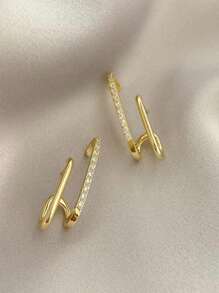 1pair Fashionable Double Row Vertical Bar & Geometric Shape Rhinestone Inlay Stud Earrings For Women - Yellow Gold - View 6