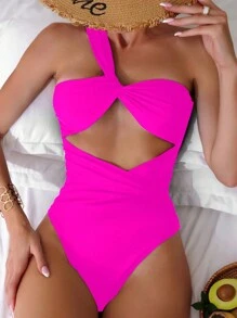 Women One Shoulder Hollow Out Athletic One Piece Swimsuit - Hot Pink - View 1