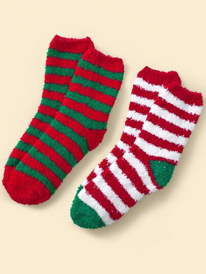 2 paia di calze lunghe fino al ginocchio da donna, calze natalizie, a righe bicolore rosse, di pile corallino, calde e morbide per l'inverno, adatte per outfit natalizi, feste di Natale, regali, abbigliamento casual a casa