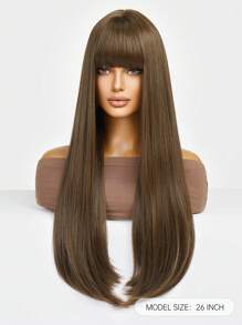 Black Long Straight Wigs For Women, Natural Black Synthetic Wigs With Bangs, Elegant Beautiful Natural Looking Heat Resistant Synthetic Wig Daily Party Use - 亞麻棕 - 查看 3