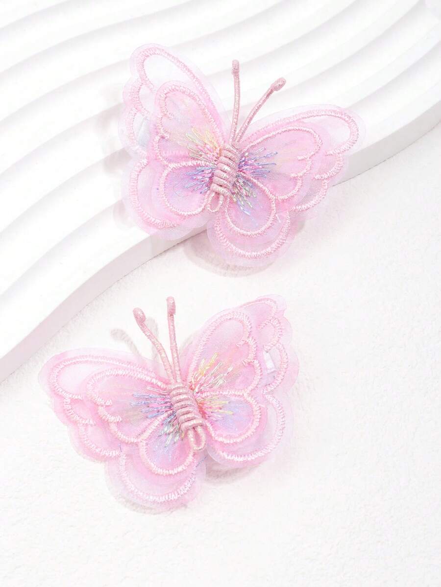 2 Miếng Màu hồng Hai Lớp Thêu Loại bướm Dễ thương Đơn giản Lady Chiếc kẹp tóc - Nhiều màu - Xem 1
