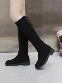 女士时尚过膝长靴，弹力新款秋冬高筒靴，方形鞋跟，绒面革，骑行风格 - 黑色 - 查看 5