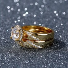 2pcs Fashionable Classic Gold-tone Alloy & Cubic Zirconia Decorated Ring Set, Suitable For Daily Wear Of Women - Gold - View 6