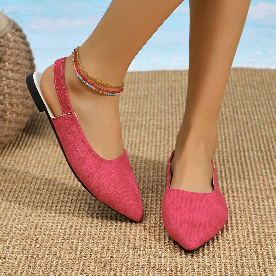 Giày đế bằng hở mũi nhọn quai sau gót thấp cho nữ, giày đế thấp đa năng cho mùa hè - Màu Hồng Tươi - Xem 1