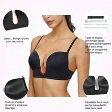 Sujetador push-up con escote en U profundo y corte bajo para mujer, con espalda transparente y correas de hombro invisibles multidireccionales, adecuado para mujeres de pecho pequeño - Negro - Ver 9