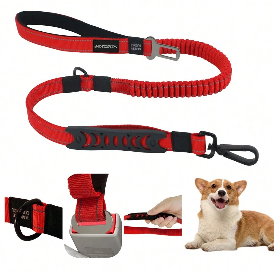 1pc Dog Car Safety Belt With Elastic Buffer Reflective Leash For Car Ride Pet Walking - Red - View 1