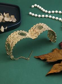 1pc Middle Eastern Moroccan Classic Wide Unique Hollow Coin Shaped Alloy Bangle Bracelet, Fashionable For Weddings And Holidays - Gold - View 3