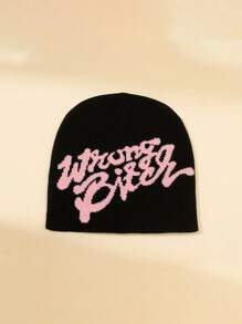 1入組黑色中性滑雪帽,粉紅色標誌和y2k靈感印花,wnung針織無邊帽子,適用於冬季室外活動和日常穿著 - 黑色 - 查看 2