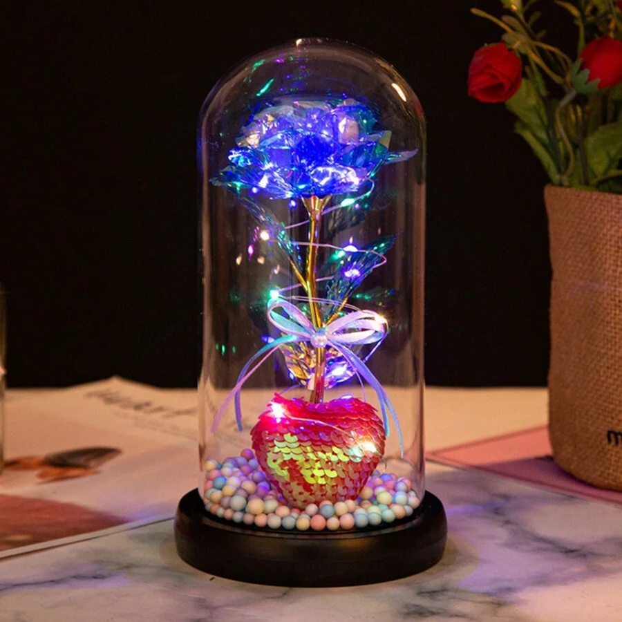 1朵彩色心形led玫瑰裝飾,創意聖誕情人節禮物金箔永恆花束,乾花花束創意禮盒,適用於女友生日、七夕節禮物,乾花花束