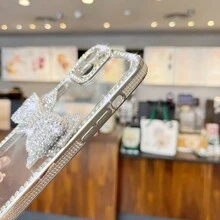 1pc Silver Electroplated Laser Engraved Rhinestone Bow TPU Phone Case, Compatible With Apple 7/8/SE2/7+/8+/X/XS/XR/XS Max/11/11 Pro/11 Pro Max/12/12 Pro/12 Pro Max/13/13 Pro/13 Pro Max/14/14 Pro/14 Pro Max/15/15 Pro/15 Plus/15 Pro Max