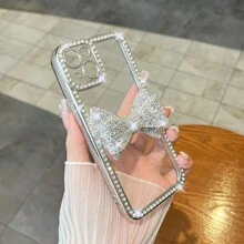 1pc Silver Electroplated Laser Engraved Rhinestone Bow TPU Phone Case, Compatible With Apple 7/8/SE2/7+/8+/X/XS/XR/XS Max/11/11 Pro/11 Pro Max/12/12 Pro/12 Pro Max/13/13 Pro/13 Pro Max/14/14 Pro/14 Pro Max/15/15 Pro/15 Plus/15 Pro Max