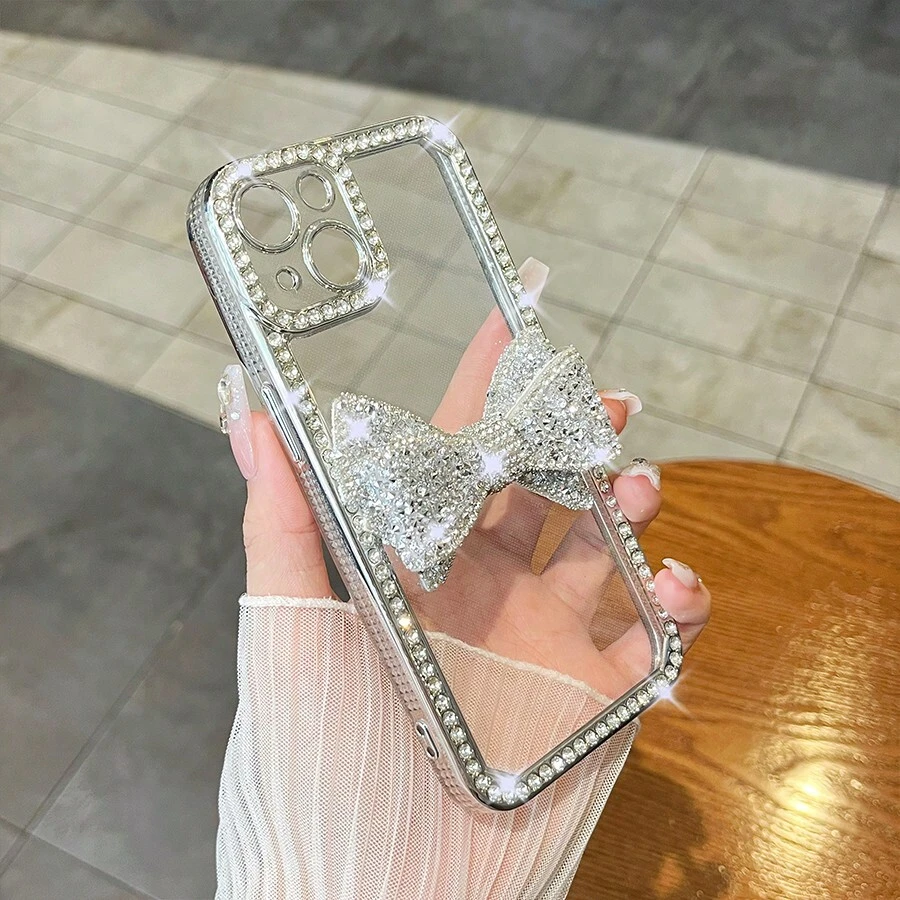 1pc Silver Electroplated Laser Engraved Rhinestone Bow TPU Phone Case, Compatible With Apple 7/8/SE2/7+/8+/X/XS/XR/XS Max/11/11 Pro/11 Pro Max/12/12 Pro/12 Pro Max/13/13 Pro/13 Pro Max/14/14 Pro/14 Pro Max/15/15 Pro/15 Plus/15 Pro Max