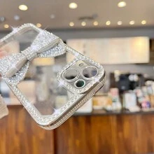 1pc Silver Electroplated Laser Engraved Rhinestone Bow TPU Phone Case, Compatible With Apple 7/8/SE2/7+/8+/X/XS/XR/XS Max/11/11 Pro/11 Pro Max/12/12 Pro/12 Pro Max/13/13 Pro/13 Pro Max/14/14 Pro/14 Pro Max/15/15 Pro/15 Plus/15 Pro Max