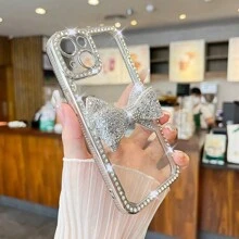 1pc Silver Electroplated Laser Engraved Rhinestone Bow TPU Phone Case, Compatible With Apple 7/8/SE2/7+/8+/X/XS/XR/XS Max/11/11 Pro/11 Pro Max/12/12 Pro/12 Pro Max/13/13 Pro/13 Pro Max/14/14 Pro/14 Pro Max/15/15 Pro/15 Plus/15 Pro Max