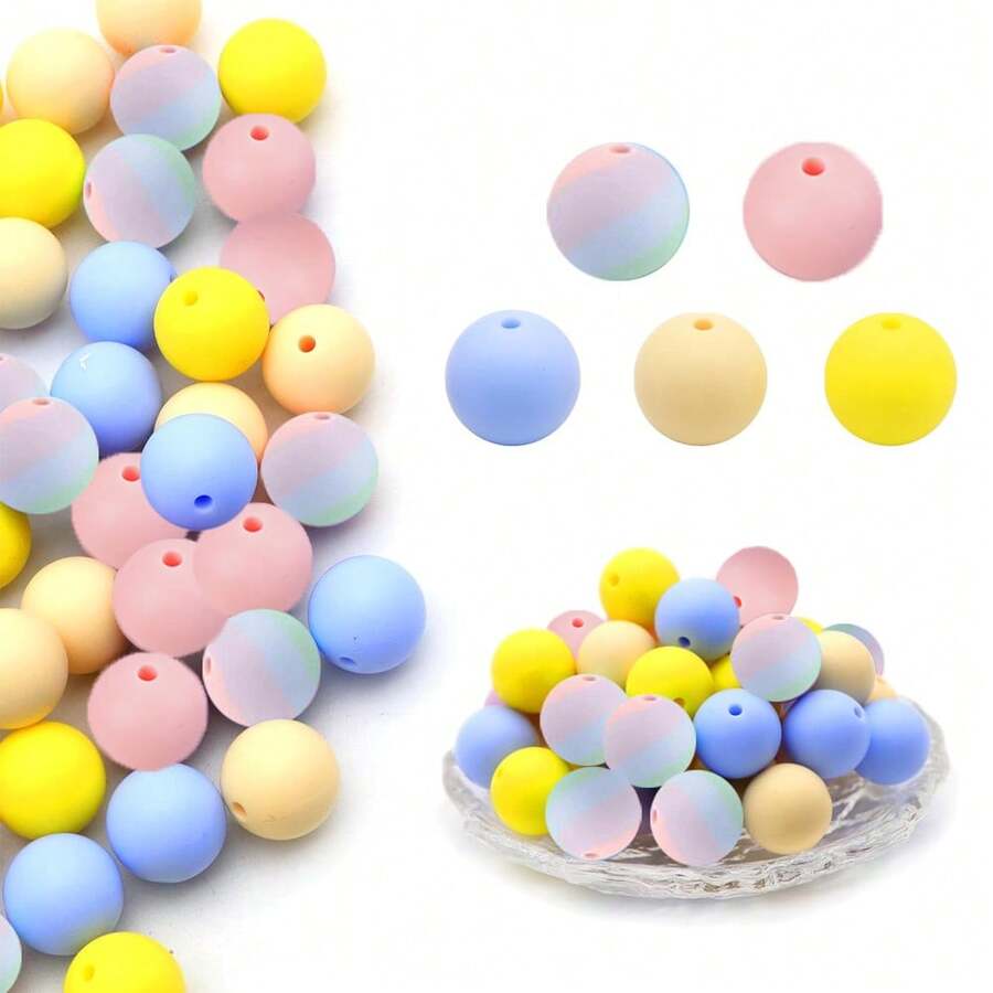 50入組12/15mm圓形矽膠樹脂珠,用於珠寶製作,diy配件,鑰匙扣,服裝和配件裝飾,奶黃紋手鐲和鑰匙扣 - 彩色 - 查看 1