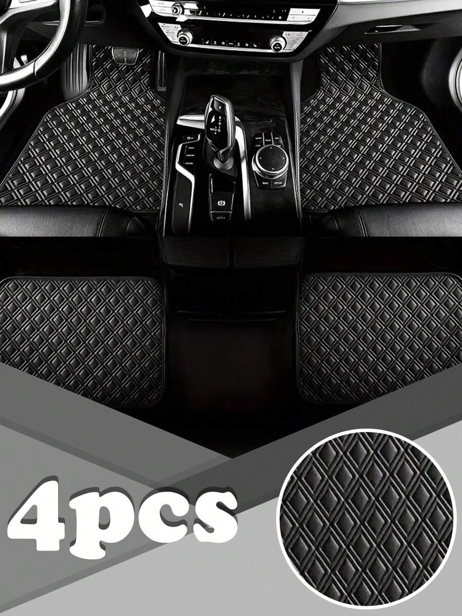 4 件装钻石形条纹汽车通用脚垫，让您的爱车保持干净整洁，易于清洁 - 黑色 - 查看 1