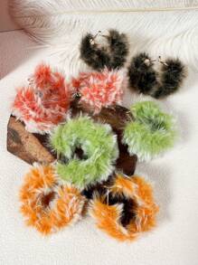 1pair Women's Exaggerated Fluffy Ball Drop Earrings With Colorful Hoop - 1 pair of exaggerated color plush hoop earrings - View 2