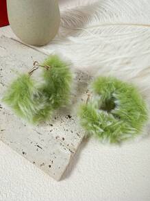 1pair Women's Exaggerated Fluffy Ball Drop Earrings With Colorful Hoop - 1 pair of exaggerated color plush hoop earrings - View 5