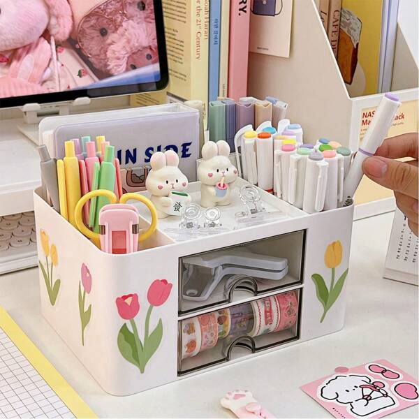 1 Pc Desk Organizer Box, Drawer Style Pen Holder, Office Stationery Storage Box,School Supplies,Back To School