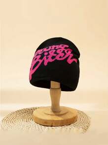 1入組黑色中性滑雪帽,粉紅色標誌和y2k靈感印花,wnung針織無邊帽子,適用於冬季室外活動和日常穿著 - 黑色 - 查看 1