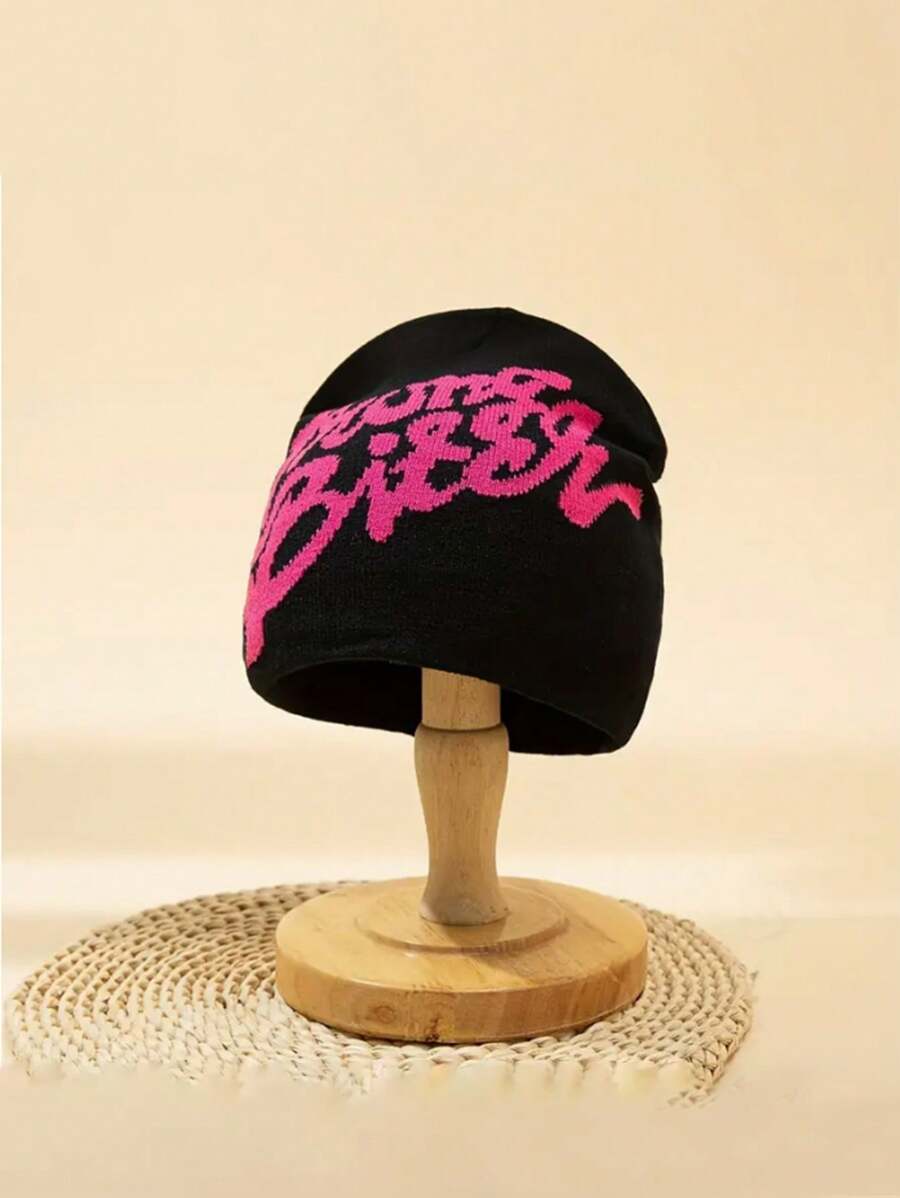 1入組黑色中性滑雪帽,粉紅色標誌和y2k靈感印花,wnung針織無邊帽子,適用於冬季室外活動和日常穿著 - 黑色 - 查看 1