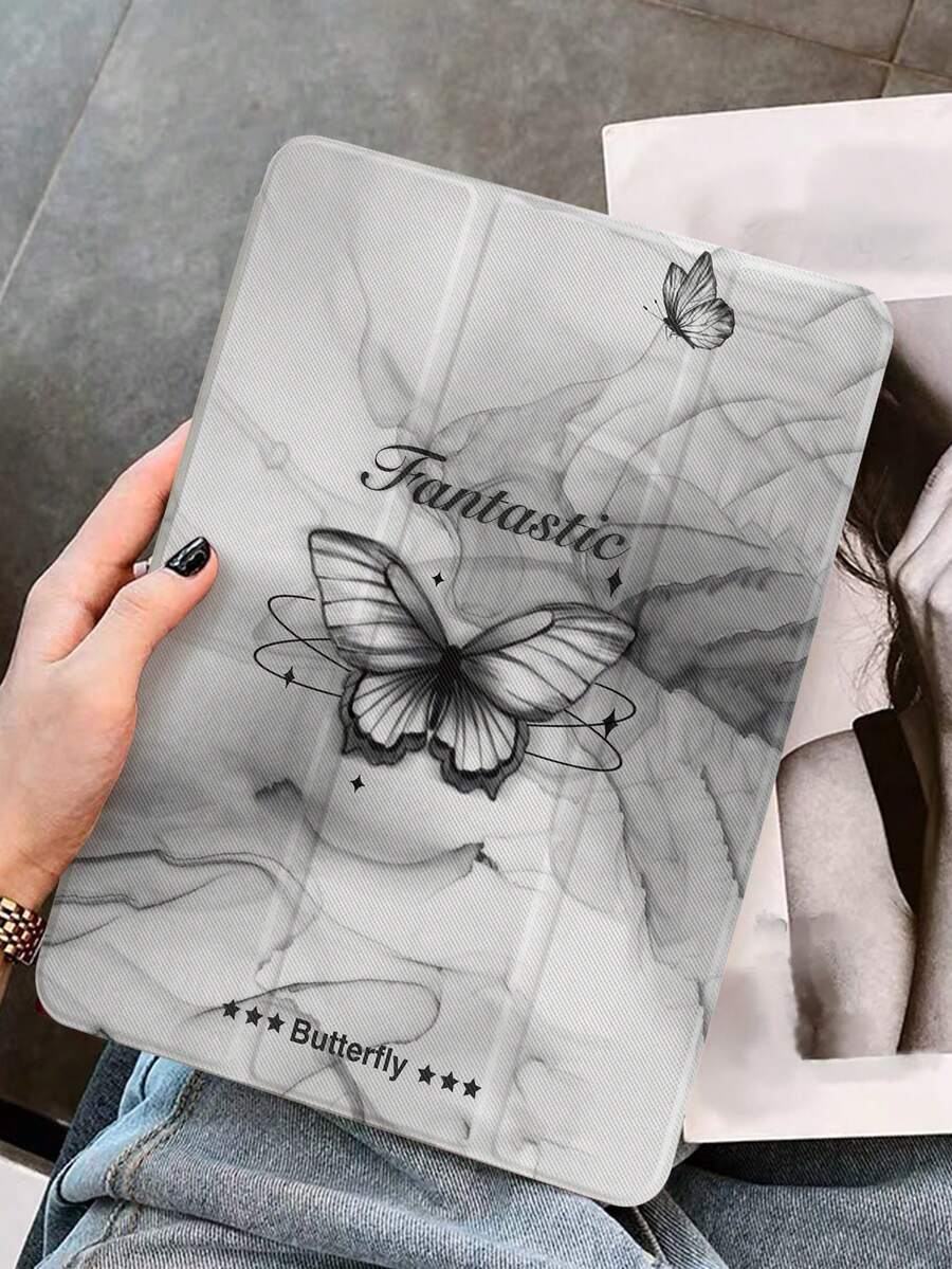 Butterfly Print TriFold Smart Case With Pencil Holder And Stand