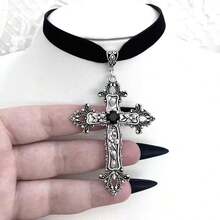 1Pc Women'S Alloy Cross Pendant Velvet Necklace Gothic - Multicolor - View 2