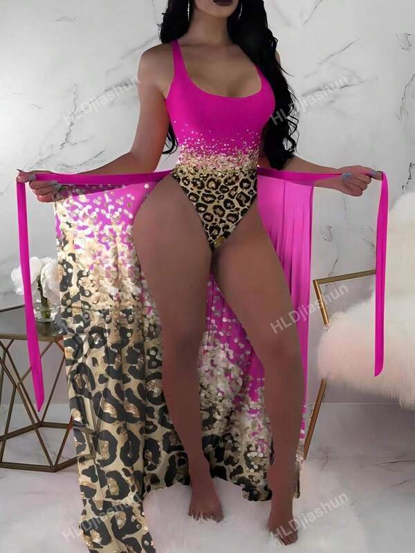 Traje de baño de una pieza color rosa rojo con falda de gasa para playa de verano