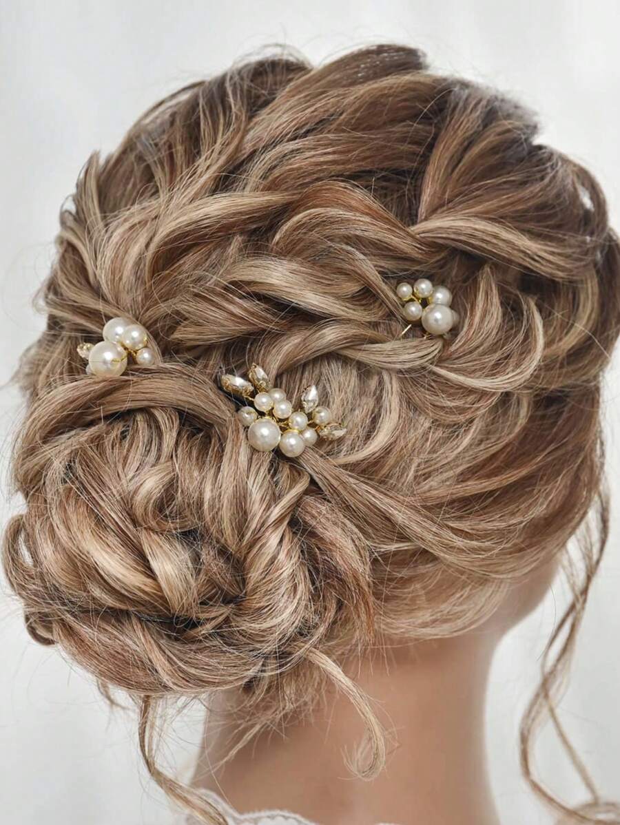 Bridal Wedding Hairpin Hair Clip, Faux Pearl & Flower Women's Hair Accessories, Hair Comb, 3pcs/Pack Golden Elegant Valentine's Day Accessories