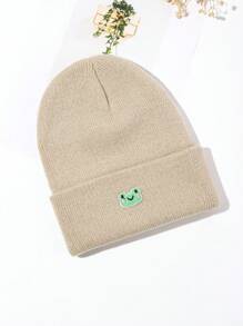 1頂粉色波點針織貝雷帽,帽子上有卡通青蛙標誌,適合女士休閒穿搭 - 米色 - 查看 1