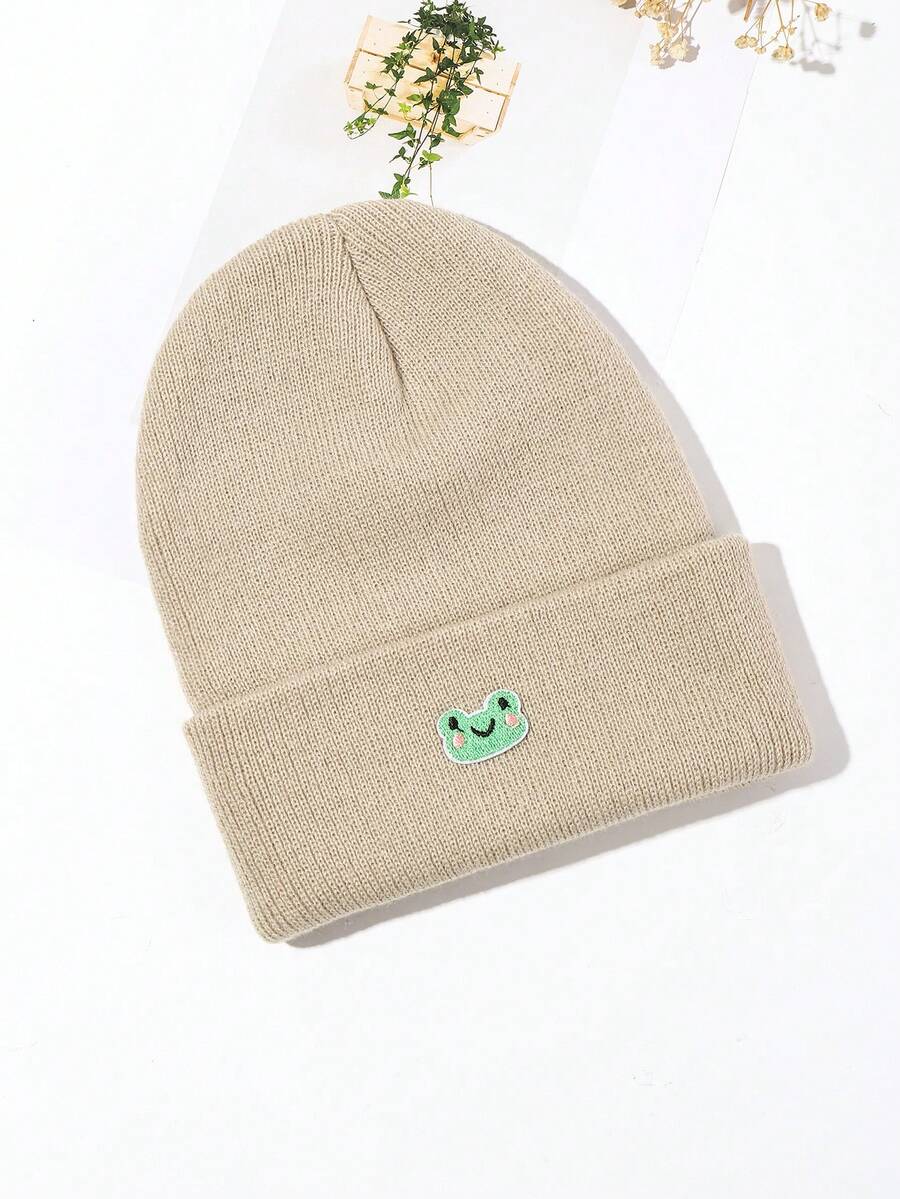 1頂粉色波點針織貝雷帽,帽子上有卡通青蛙標誌,適合女士休閒穿搭 - 米色 - 查看 1